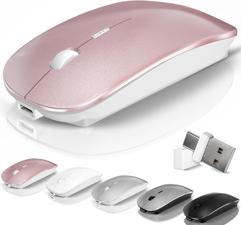 Kovess Mouse for Laptop Wireless Bluetooth - MacBook Air Mac Pro PC iPad Optical Rechargeable Silent Mouse with Jiggler Dual Mode Switch Bluetooth 5.2/3.0 and 2.4GHz USB-A and Type-C Receiver Rose Gold - Image 1